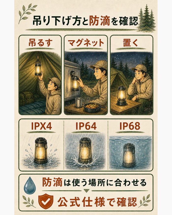 ランタンを吊るす、マグネットで付ける、置く方法と、IPX4、IP64、IP68の表記を並べた図。