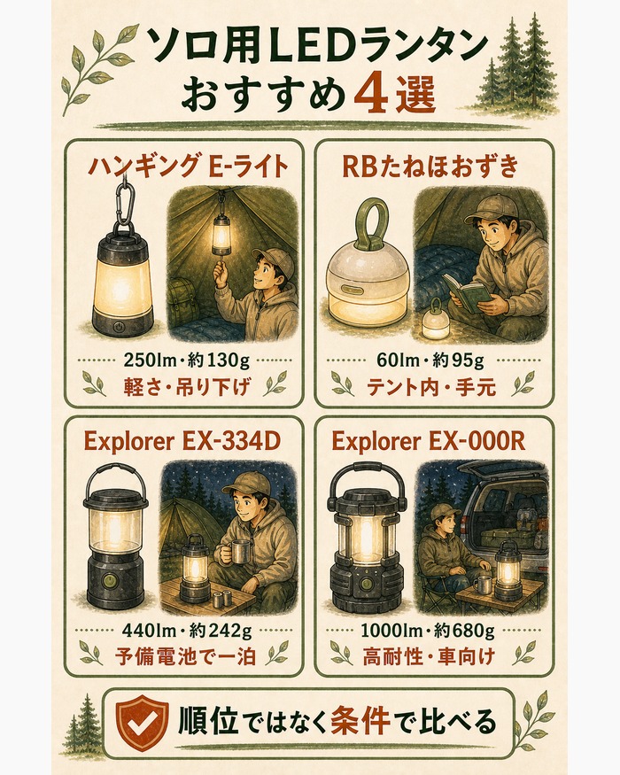 ハンギング E-ライト、RBたねほおずき、Explorer EX-334D、Explorer EX-000Rを用途別に比較した図。