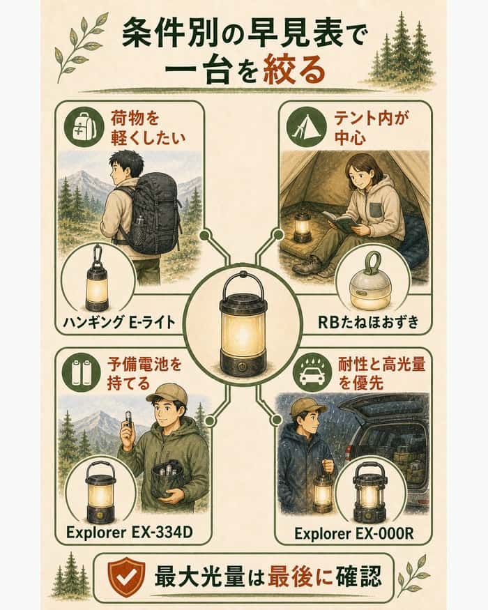 軽量、テント内、予備電池、高耐性の条件からランタン候補を選ぶ判断マップ。