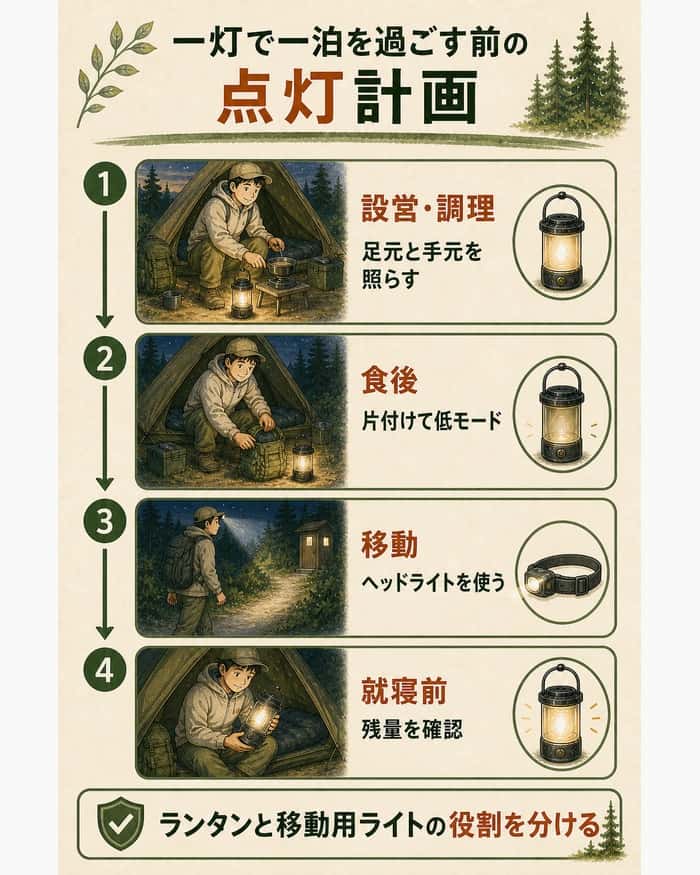 設営と調理、食後、移動、就寝前の一泊の点灯計画とランタンとヘッドライトの役割分担を示した図。