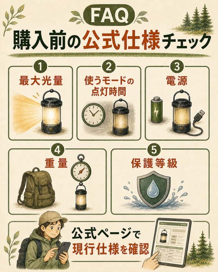 購入前に最大光量、点灯時間、電源、重量、保護等級を公式ページで確認するFAQチェック図。