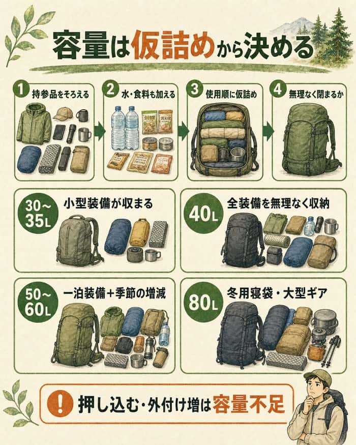 手持ち装備を仮詰めし容量帯と不足サインを判断する図解