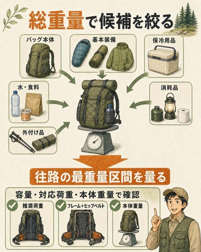 往路の総重量内訳と推奨荷重・本体重量・支持構造を確認する図解