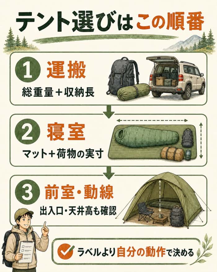 運搬・寝室・前室の順にテントを選ぶ図