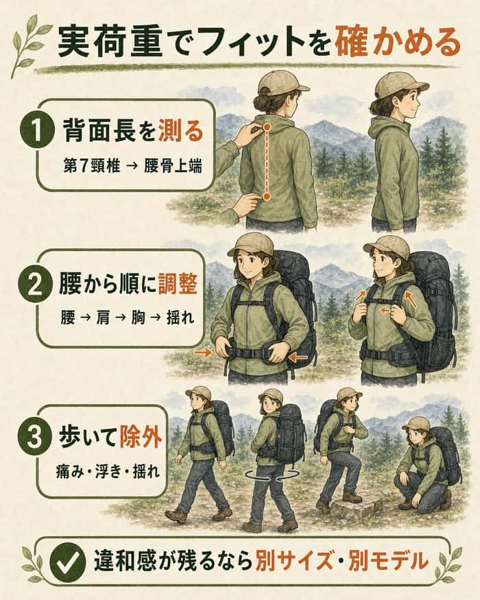 背面長の測定から実荷重での調整と歩行確認までを示す図解