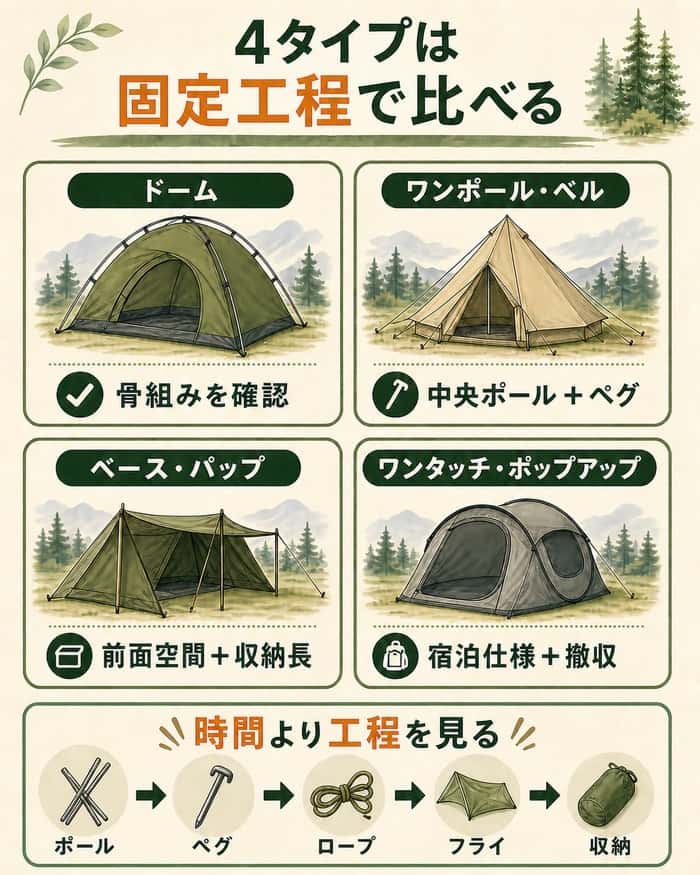 4タイプの骨組みと固定工程を比較した図