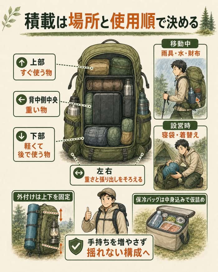 取り出す順と重さに合わせたバックパック内外の配置を示す図解