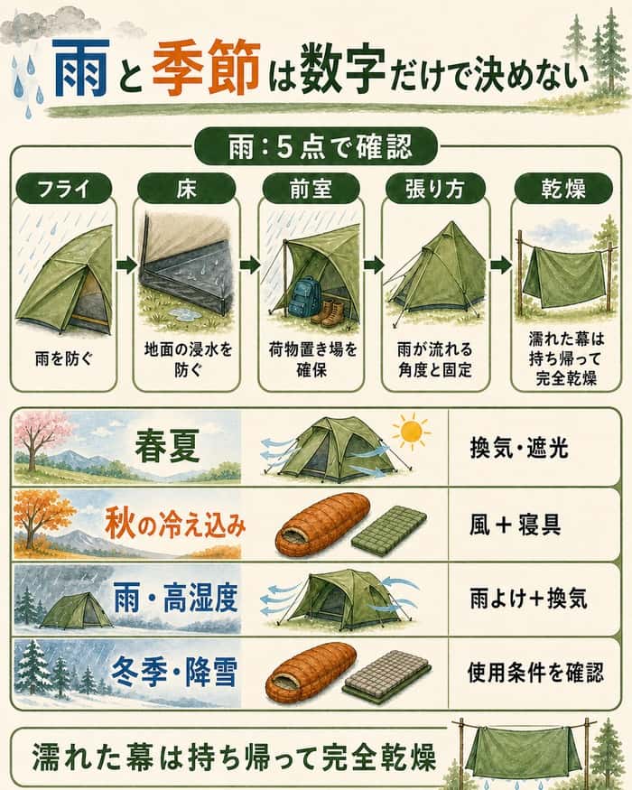雨の5確認点と季節別の優先事項を示す図