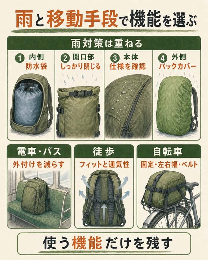 雨対策の重ね方と電車・徒歩・自転車で優先する機能の図解