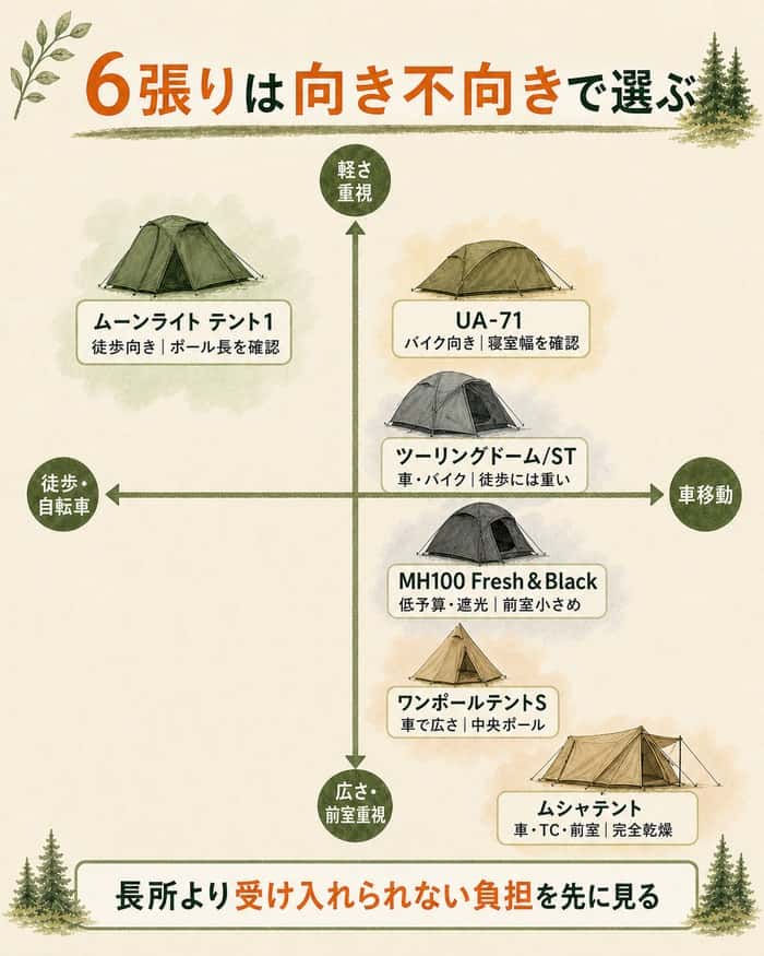 6張りの向き不向きと注意点を2軸で示す図