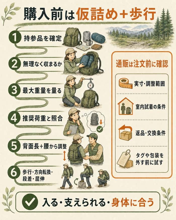 仮詰め・計量・試着・歩行と通販確認をまとめた購入前チェック図