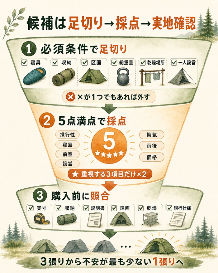 必須条件・採点・購入前照合で候補を絞る図