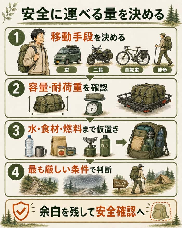 安全に運べる量を決める:車・二輪・自転車・徒歩の移動手段を選び、容量・耐荷重を確認し、水・食材・燃料を含めて仮置きしたうえで、坂道・雨・サイトまでの運搬など最も厳しい条件で安全に運べる量を判断する4段階のインフォグラフィック。余白を残して安全確認へ回すことを示す。