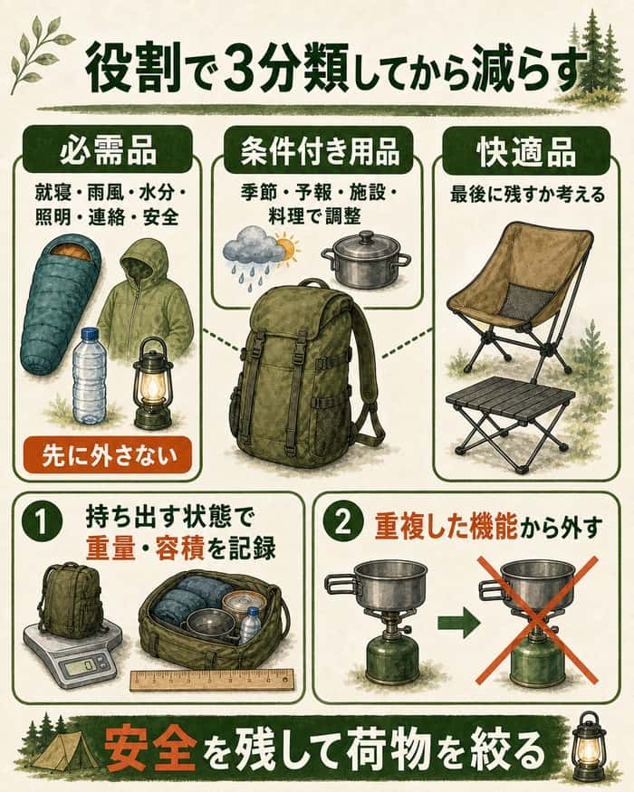 役割で3分類してから減らす:必需品・条件付き用品・快適品を中央のバックパックを囲む3カードで分類し、持ち出す状態で重量と容積を記録してから、重複した機能を外す手順を図解したインフォグラフィック。