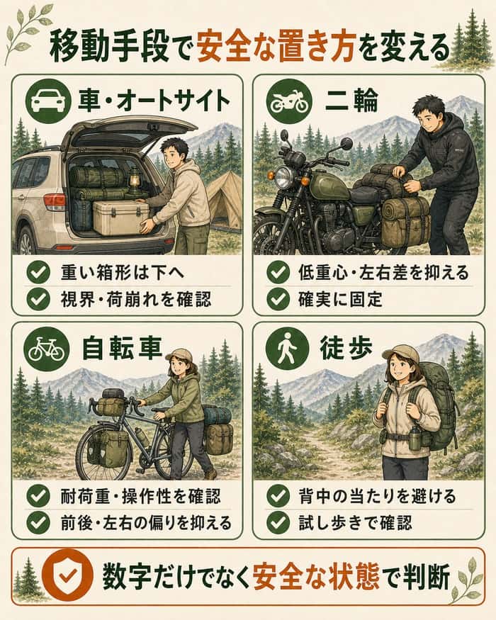 移動手段で安全な置き方を変える:車・二輪・自転車・徒歩の4場面について、重い荷物の位置、低重心、左右差、固定、耐荷重、操作性、背中への当たり、試し歩きという異なる安全確認を比較するインフォグラフィック。