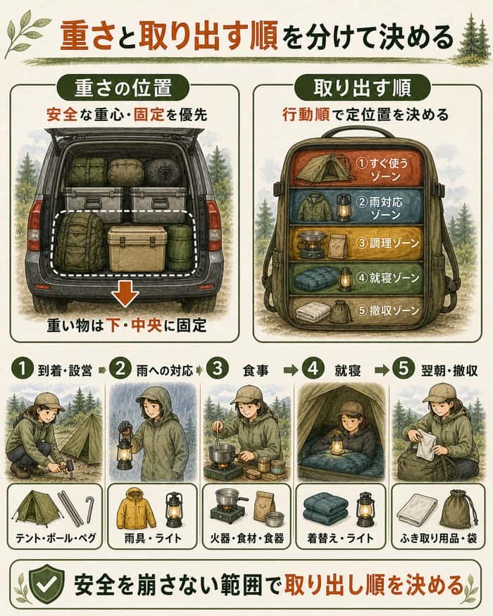 重さと取り出す順を分けて決める:重い物を下・中央へ固定する安全な積載位置と、到着・設営、雨、食事、就寝、撤収の順に必要な道具を置く取り出しゾーンを分けて示すインフォグラフィック。