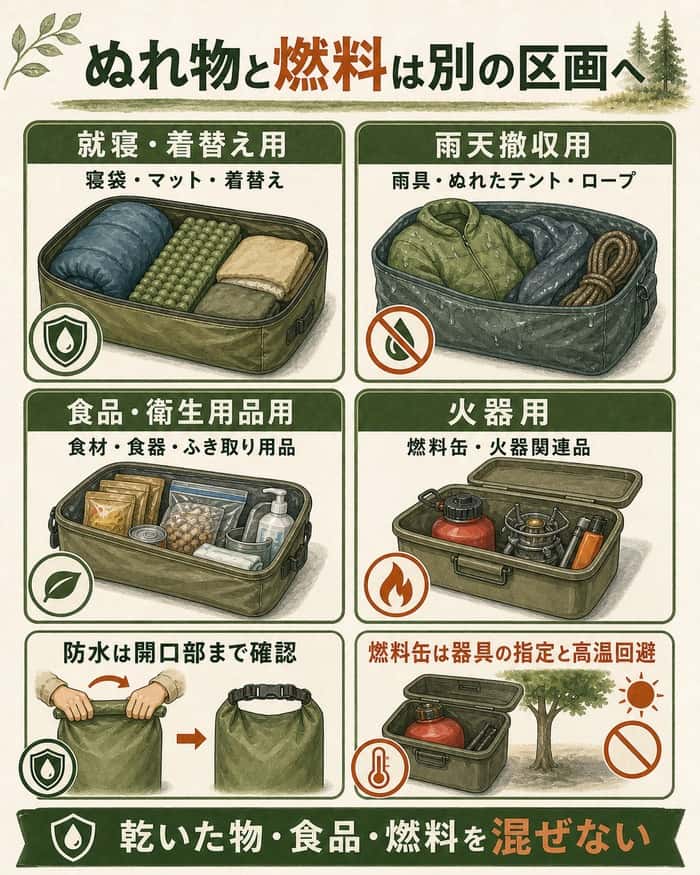 ぬれ物と燃料は別の区画へ:就寝・着替え、雨天撤収、食品・衛生用品、火器用の4区画に収納物を分け、防水袋の閉じ方と燃料缶を器具指定に従い高温から避けることを示すインフォグラフィック。