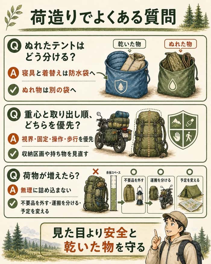荷造りでよくある質問:ぬれたテントを寝具と分ける方法、重心と取り出し順が競合したときの安全優先、現地で荷物が増えた場合に無理に詰め込まず不要品を外す・運搬を分ける・予定を変える判断を3つのQ&Aで示すインフォグラフィック。