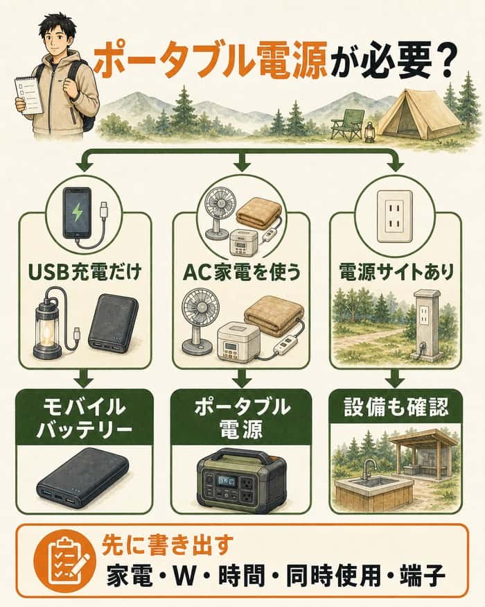 ポータブル電源が必要かを充電目的と家電利用で分ける判断図