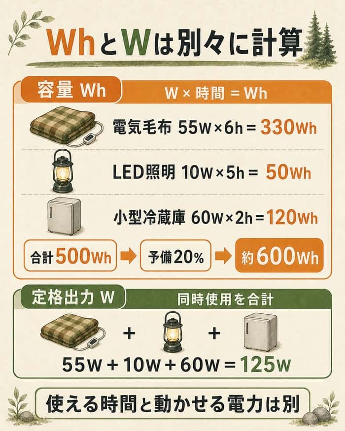 一泊に必要なWhと同時使用時の定格出力Wを分けて計算する図