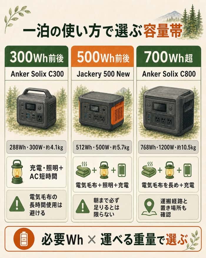 300・500・700Wh超の容量帯を用途と重量で比べる図