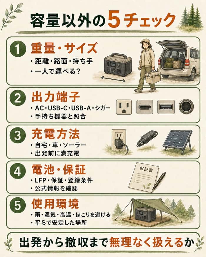 重量・端子・充電・保証・使用環境を確認するチェック図