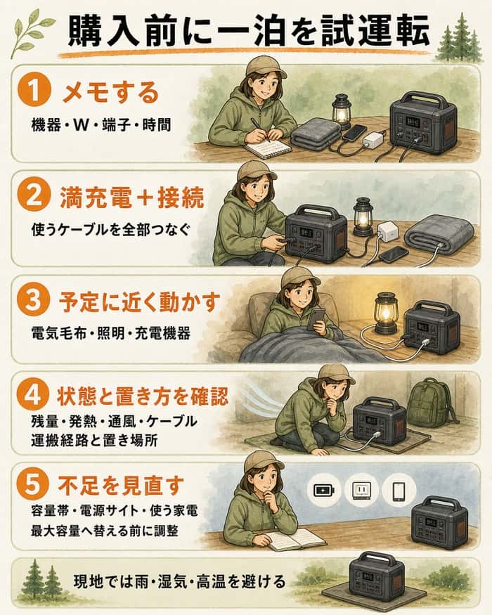 購入前に一泊分を試運転し不足を見直す5ステップ図