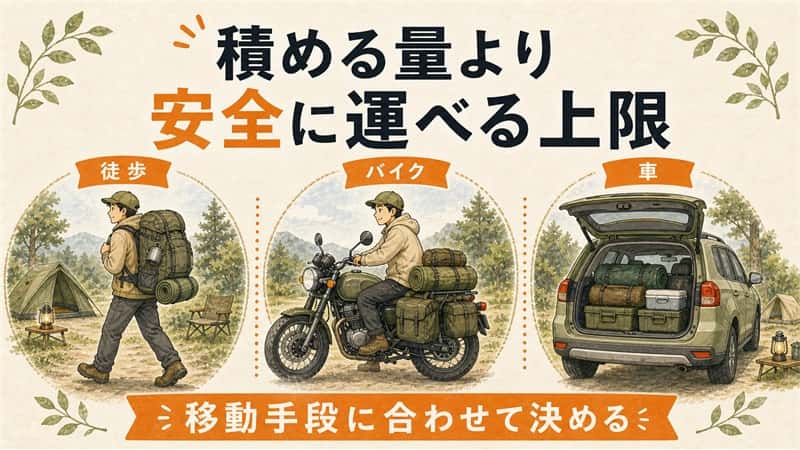 ソロキャンプの荷造りは「積める量」ではなく「安全に運べる上限」から決める 