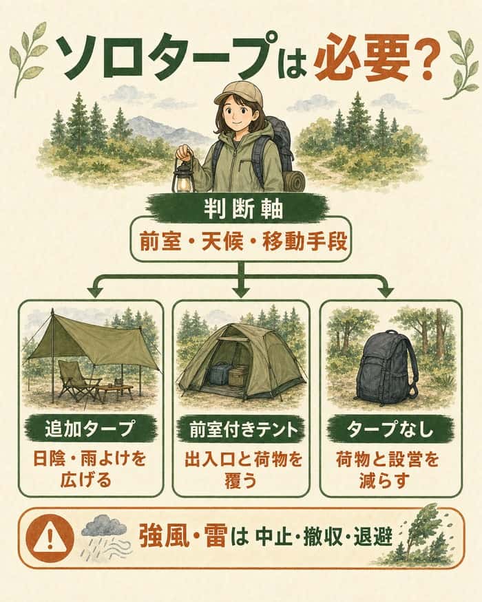 前室・天候・移動手段から追加タープの必要性を3択で判断する図