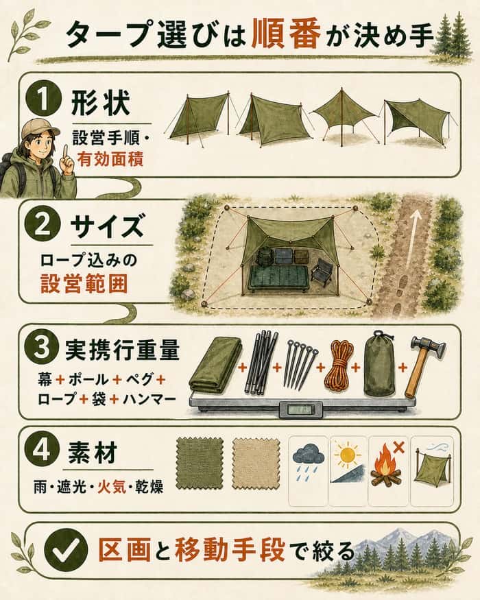 形状、設営範囲、実携行重量、素材の順でタープを絞る図