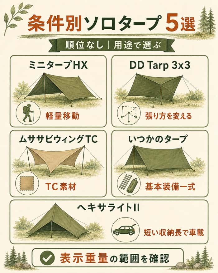 用途別にソロタープ5製品を順位なしで比較した一覧