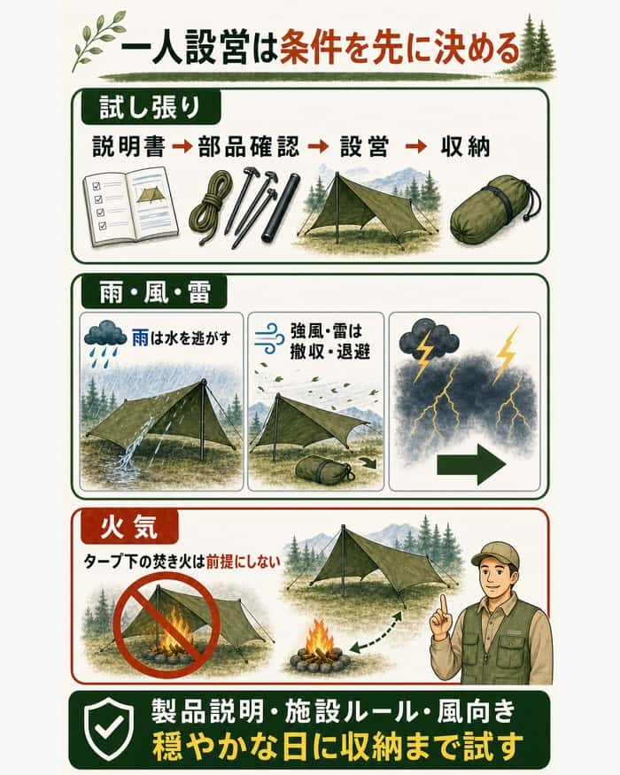 試し張り、悪天候の撤収、タープ下の焚き火禁止を示す安全図
