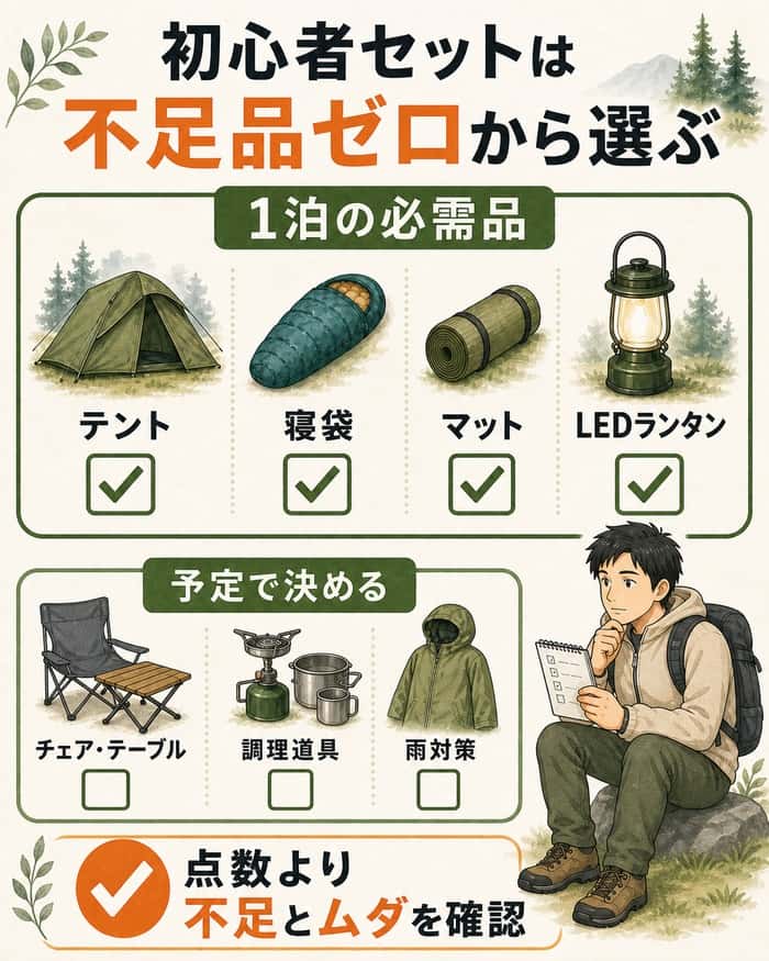初心者セットの必需品と予定で決める道具を分け、不足と無駄を確認する図