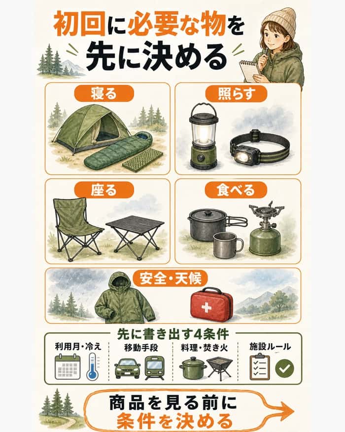 初回キャンプの五つの役割と購入前に決める四条件を示す図