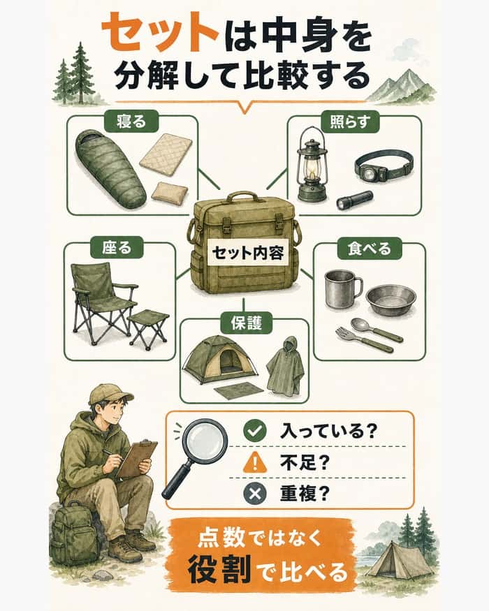 セット内容を五つの役割に分け、不足と重複を確認する比較図