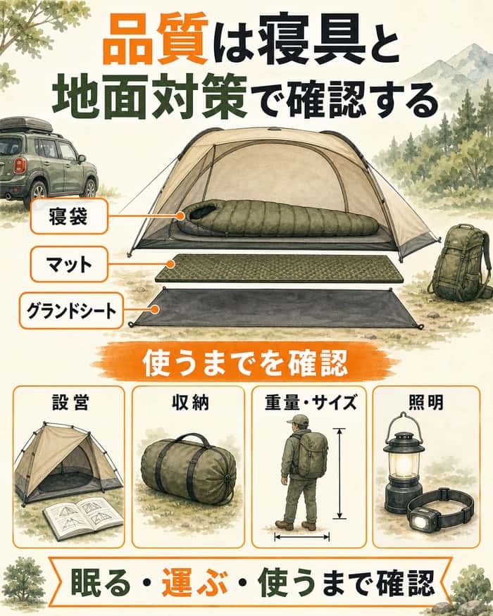 寝具と地面対策、設営や収納まで確認する品質チェック図