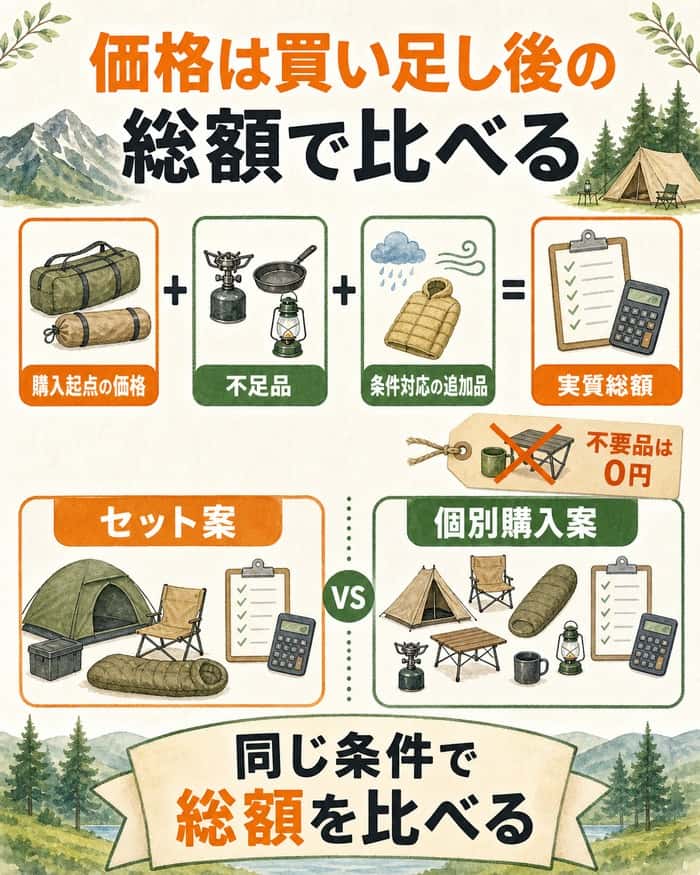 セット案と個別購入案を買い足し後の実質総額で比べる図