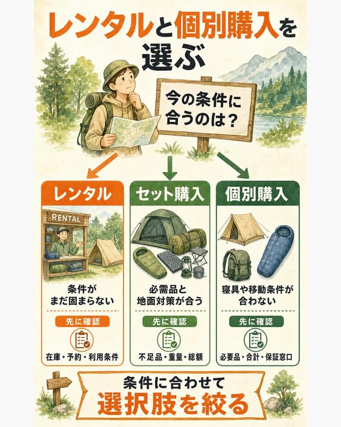 レンタル、セット購入、個別購入を条件から選ぶ判断図