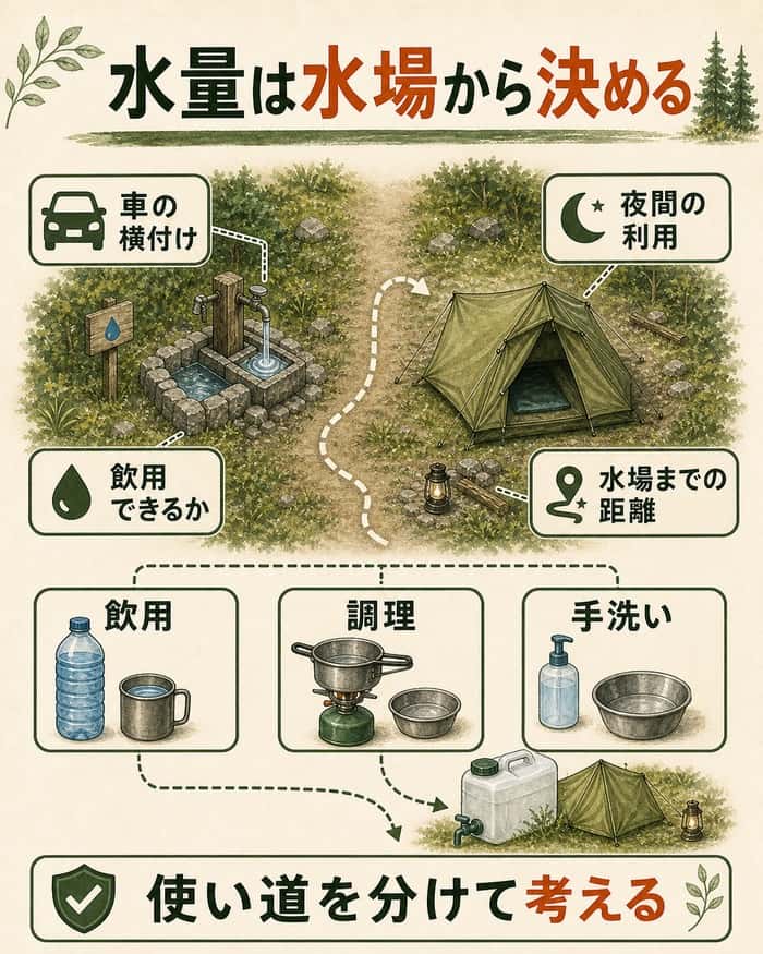 キャンプ場の水場条件と飲用・調理・手洗いの用途で水量を決める図