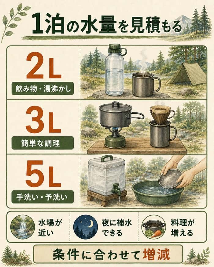 ソロキャンプ1泊の水量を2L・3L・5Lの使い道別に示す図