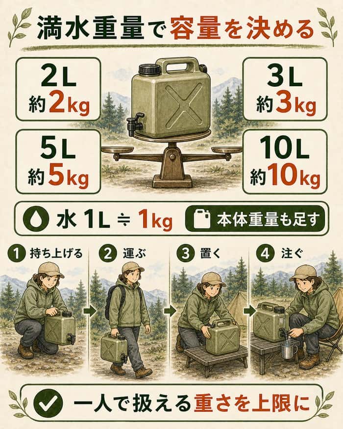 水1Lを約1kgとして満水時の重さと運搬手順を示す図