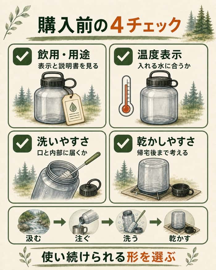飲用・用途、温度表示、洗浄、乾燥の購入前確認項目を示す図