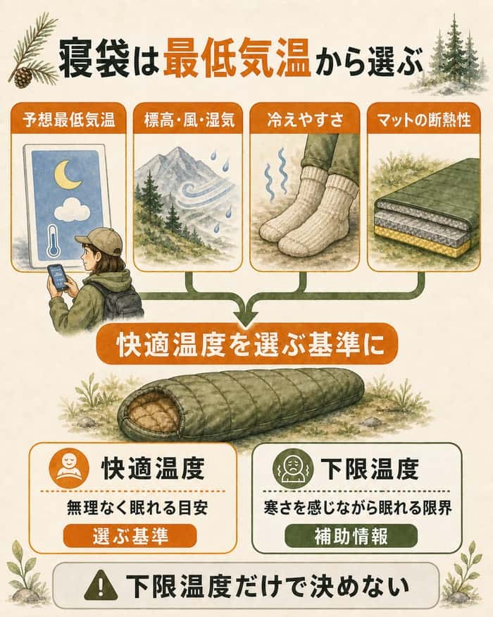 最低気温と周辺条件から快適温度を決める流れを示した図