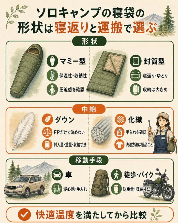 寝袋の形状・中綿・移動手段ごとの比較ポイントを示した図
