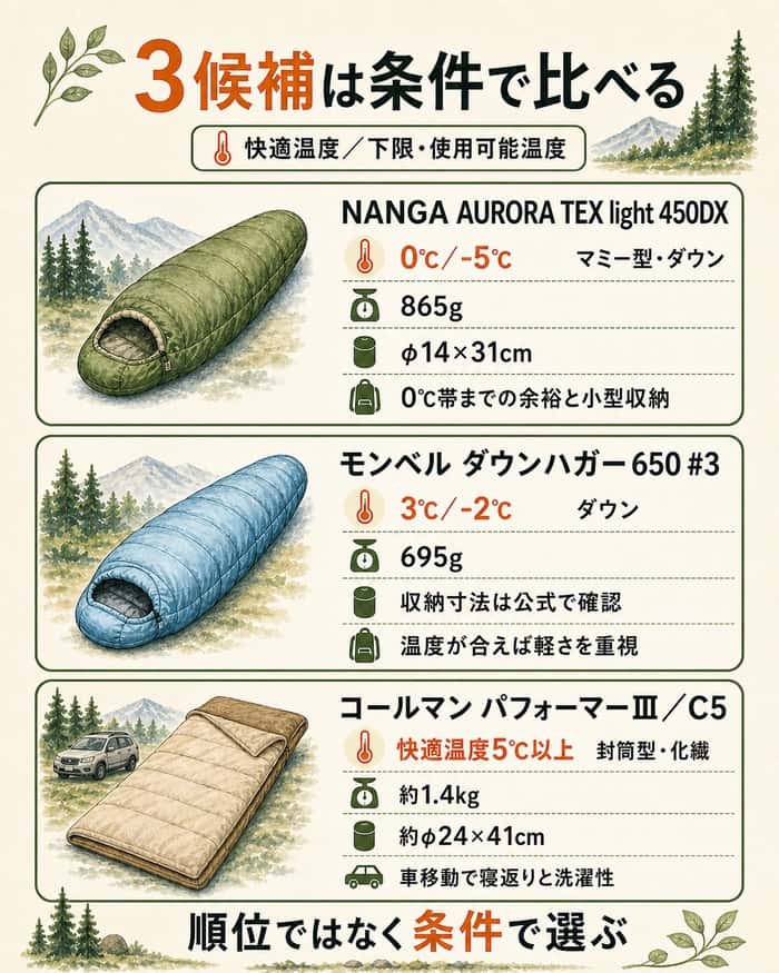ソロキャンプ向け寝袋3候補の温度・重量・収納比較図