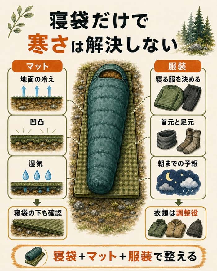 寝袋とマット、就寝時の服装で寝床を整える方法の図