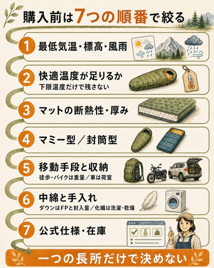 ソロキャンプ用寝袋を購入前の7段階で絞り込む図
